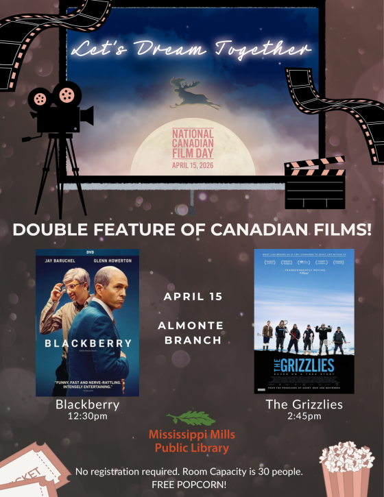 Graphic promoting two film showings at Mississippi Mills Public Library for National Film Day on April 15