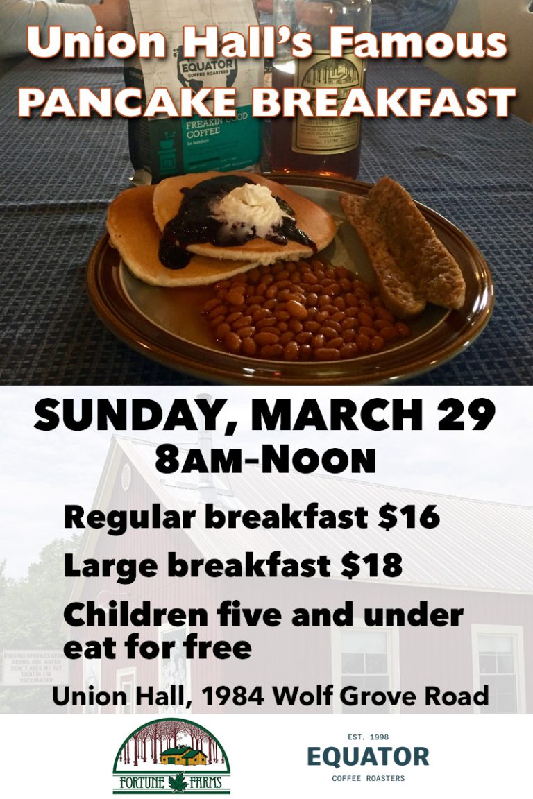 Poster advertising Union Hall Pancake Breakfast with photo of plate of baked beans, pancakes and sausage