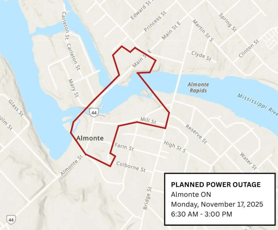 Graphic showing outlined red area for a planned power outage in Almonte on November 17, 2025