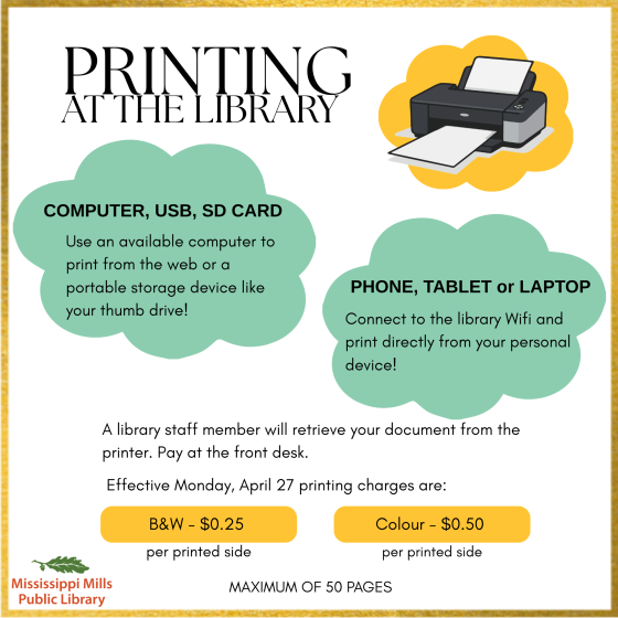 Poster with information on printing services available at the Mississippi Mills Public Library