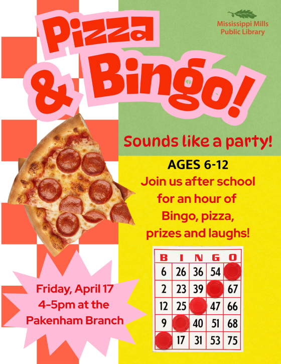 Graphic promoting Mississippi Mills Public Library's Pizza and Bingo event