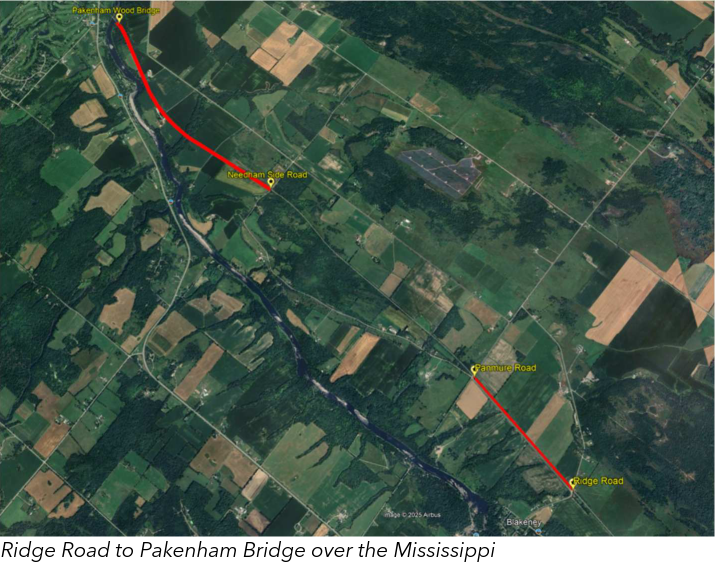 Satellite image showing Ottawa Valley Recreational Trail closure from Ridge Road to Pakenham bridge