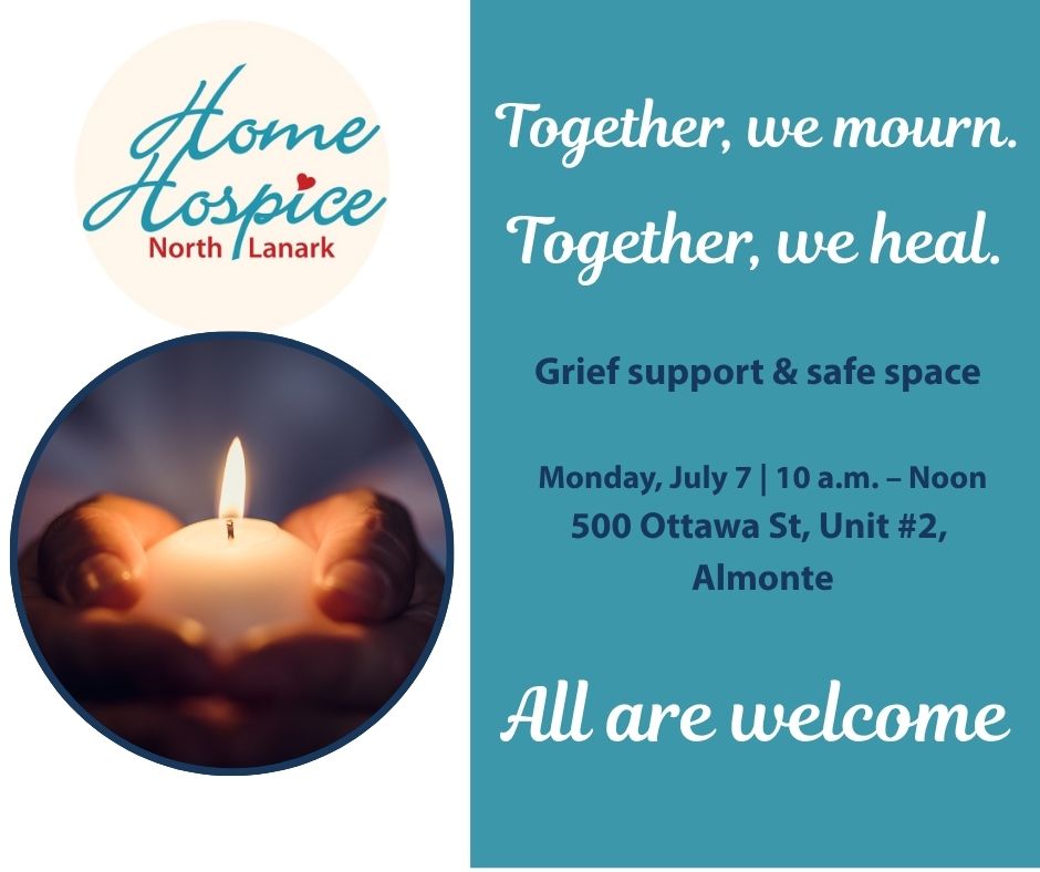 Graphic with a photo of hands holding a small candle and the text 'Together we mourn, together we heal' Home Hospice North Lanark