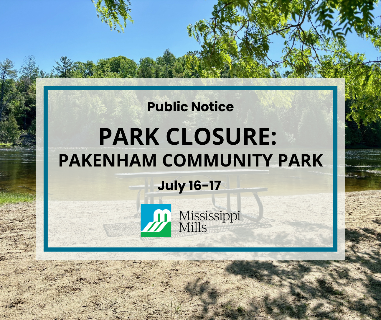 Photo of picnic table on sandy beach with the text 'Park Closure: Pakenham Community Park - July 16-17'