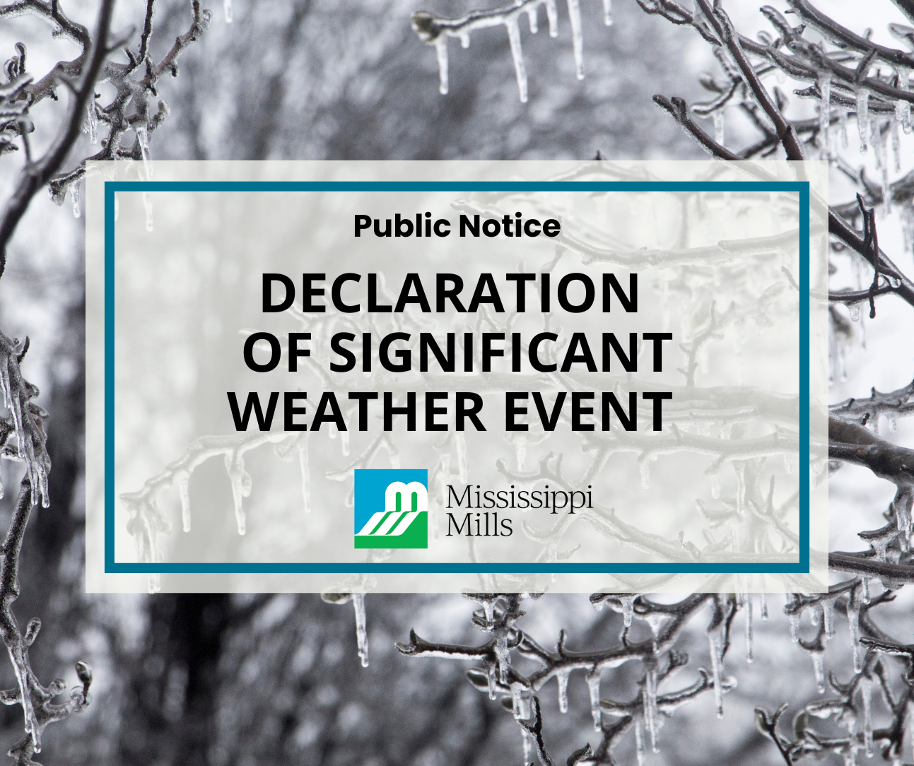 Graphic with photo of freezing rain coating tree branches and the text 'Public Notice - Declaration of Significant Weather Event'