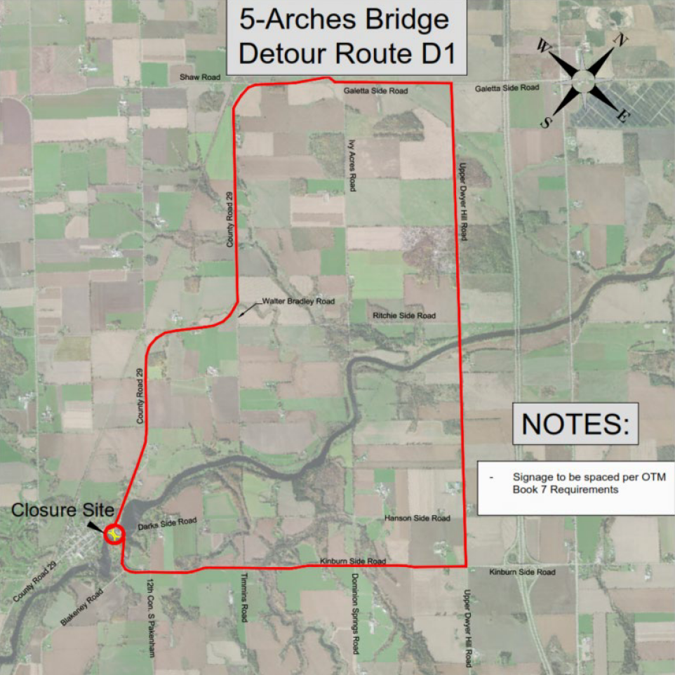 A map shows the area of the Five-Span Bridge in Pakenham Ward, Municipality of Mississippi Mills. An area outlined in red shows the Five-Span Bridge Detour Route for the bridge rehabilitation taking place in 2026.