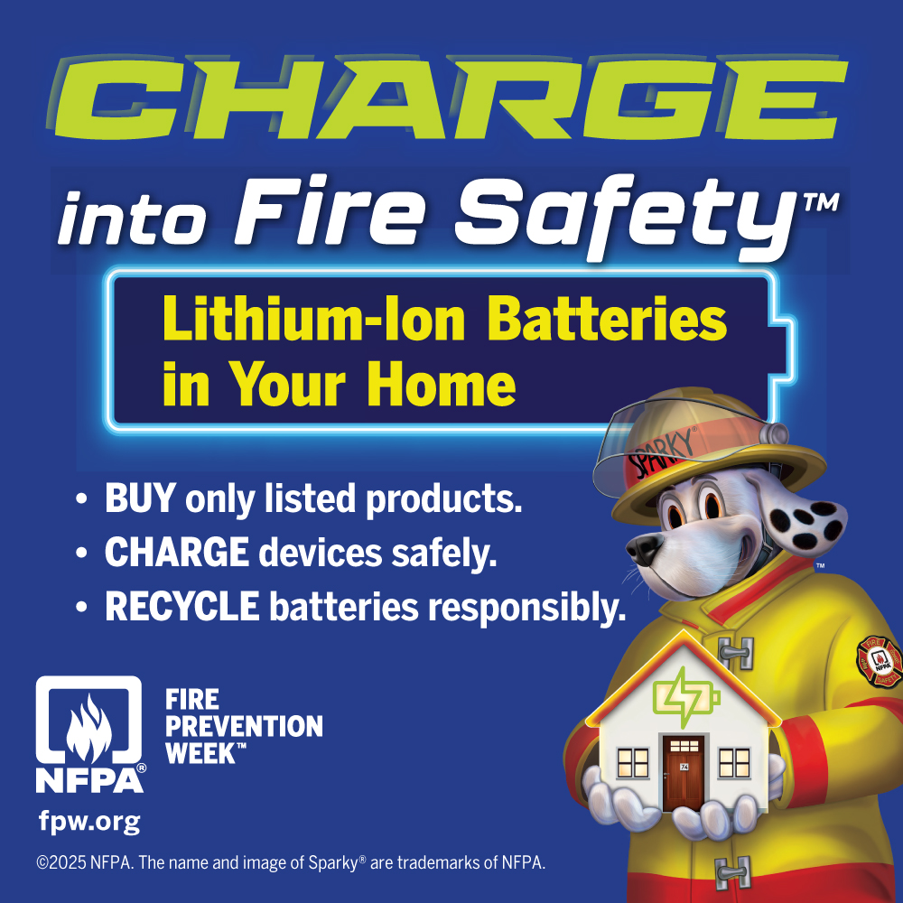 Fire Prevention Week graphic for 2025 - Charge into Fire Safety