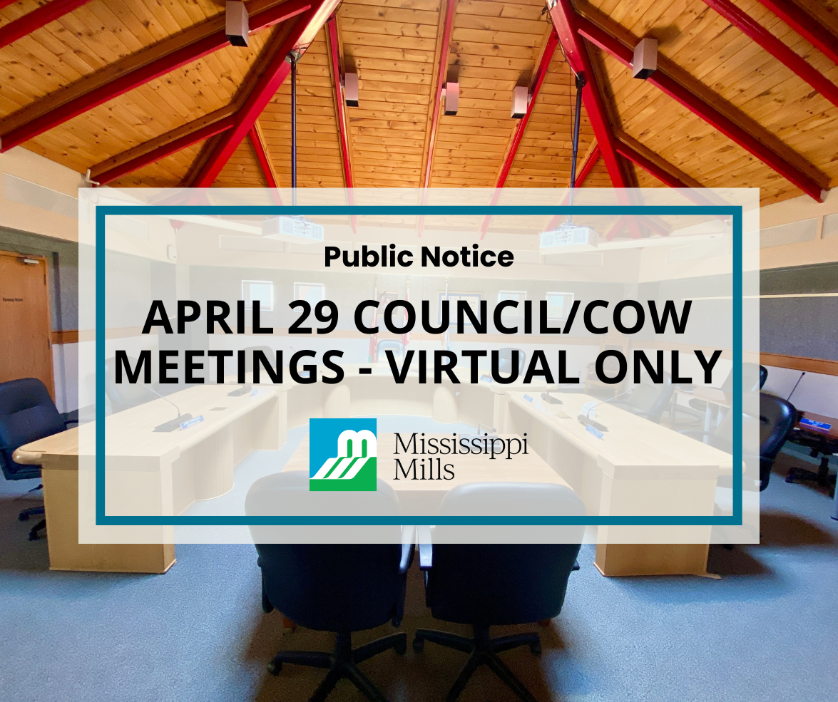 Graphic with photo of council chambers and the text 'April 29 Council/COW Meetings - Virtual Only'