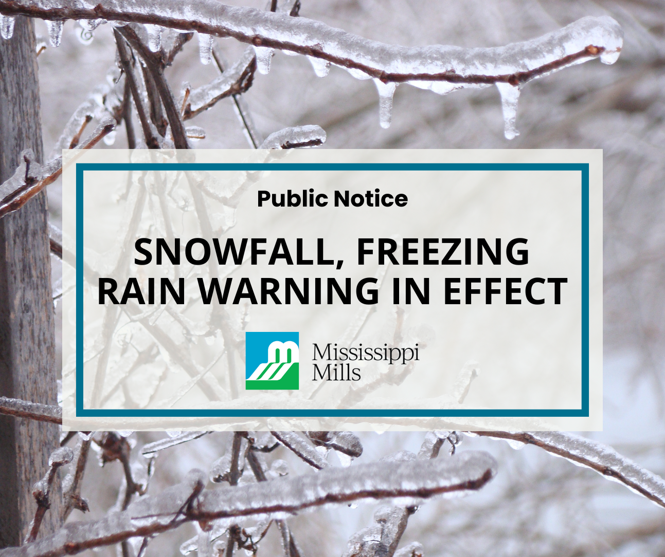 Graphic with photo of tree branches coated in freezing rain with the text 'Snowfall, Freezing Rain Warning in Effect'