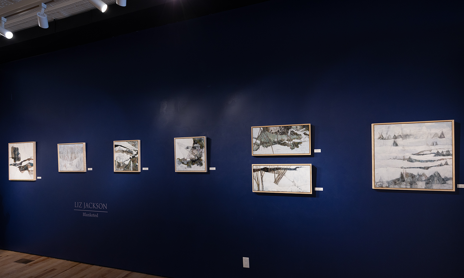 Photo of black and white artwork on a navy gallery wall