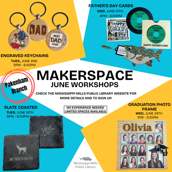 Poster for Makerspace June workshops at the Mississippi Mills Public Library