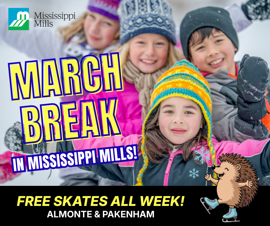 Photo of kids in winter gear smiling for the camera with the text 'March Break in Mississippi Mills!'