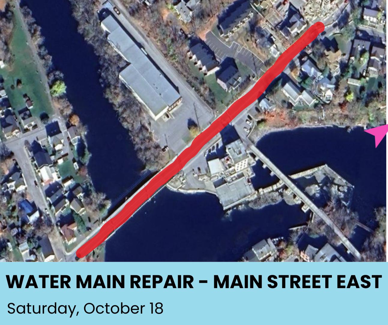 public notice with map showing area for water main repair
