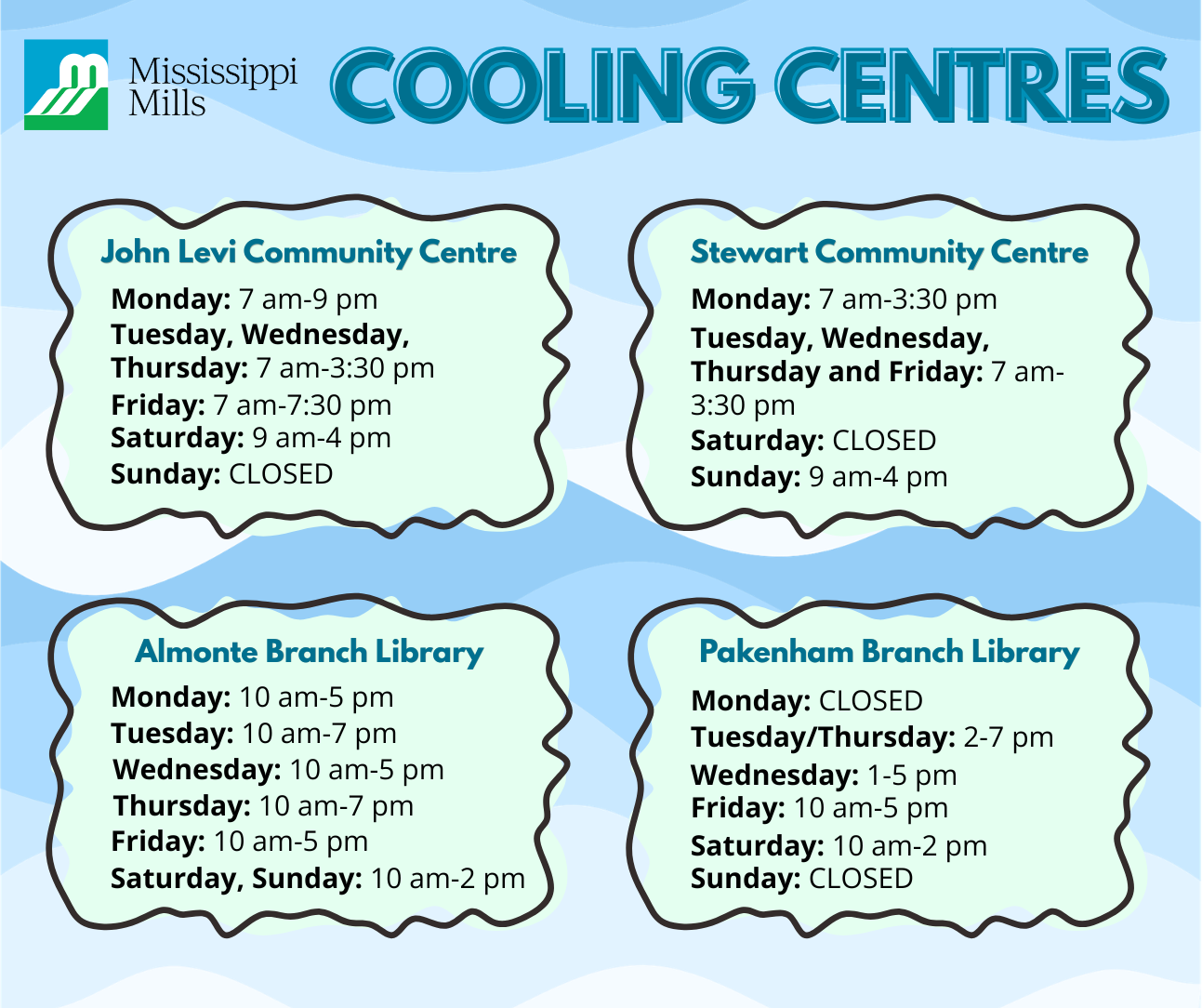 Graphic displaying cooling centre locations and hours in the Municipality of Mississippi Mills