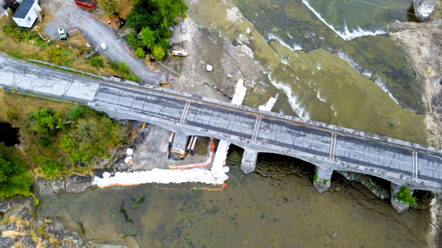 Drone shot of rehabilitation work to a stone bridge