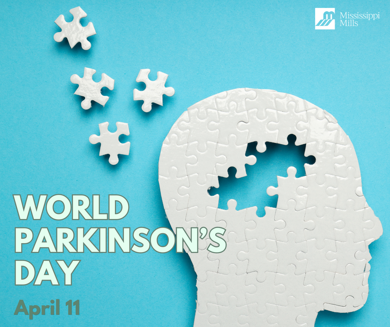 A blue background with puzzle pieces in the shape of a person's head. Four puzzle pieces are missing and are placed next to it. Text reads 'World Parkinson's Day April 11.'