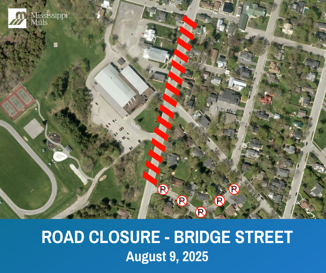 Aerial photo of Bridge Street in Almonte with red line indicating road closure and text 'Road Closure - Bridge Street - August 9, 2025'
