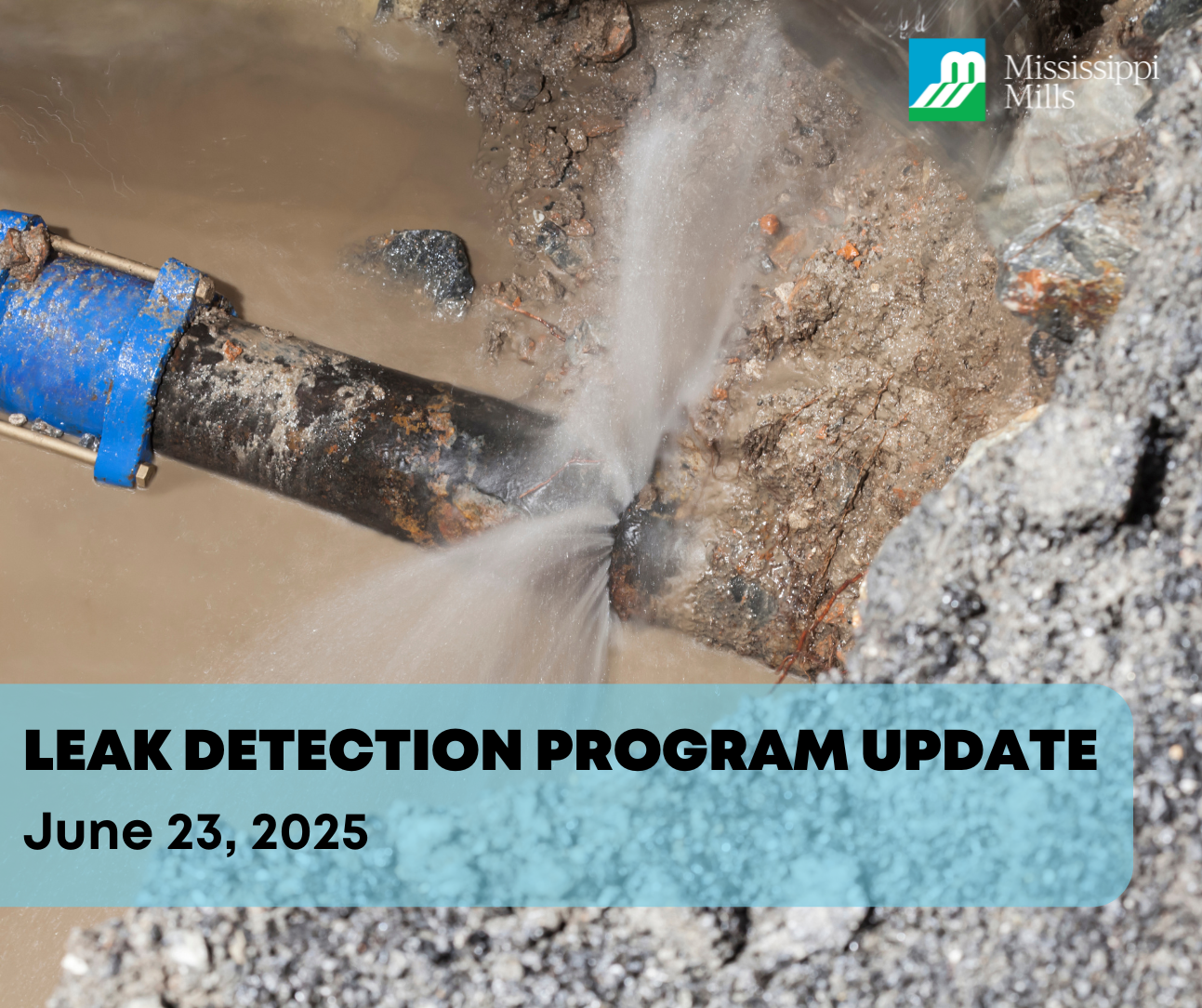 Graphic with photo of underground water pipe spraying water and the text 'Leak Detection Program Update: June 23, 2025'