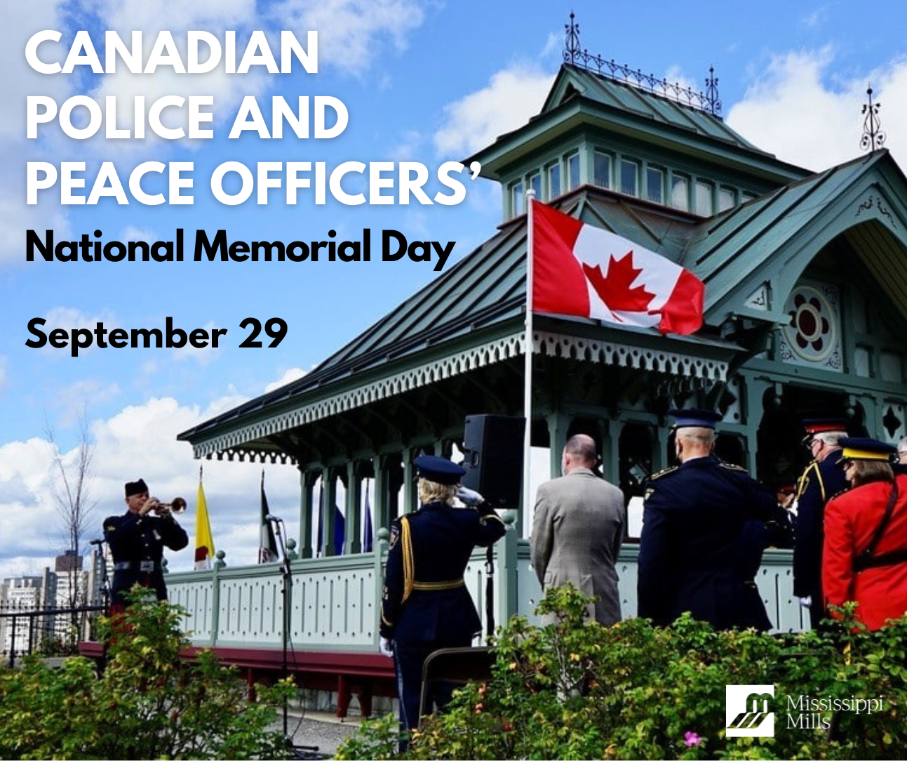 Photo of the Canadian Police and Peace Officers monument in Ottawa with the text 'Canadian Police and Peace Officers' National Memorial Day September 29'