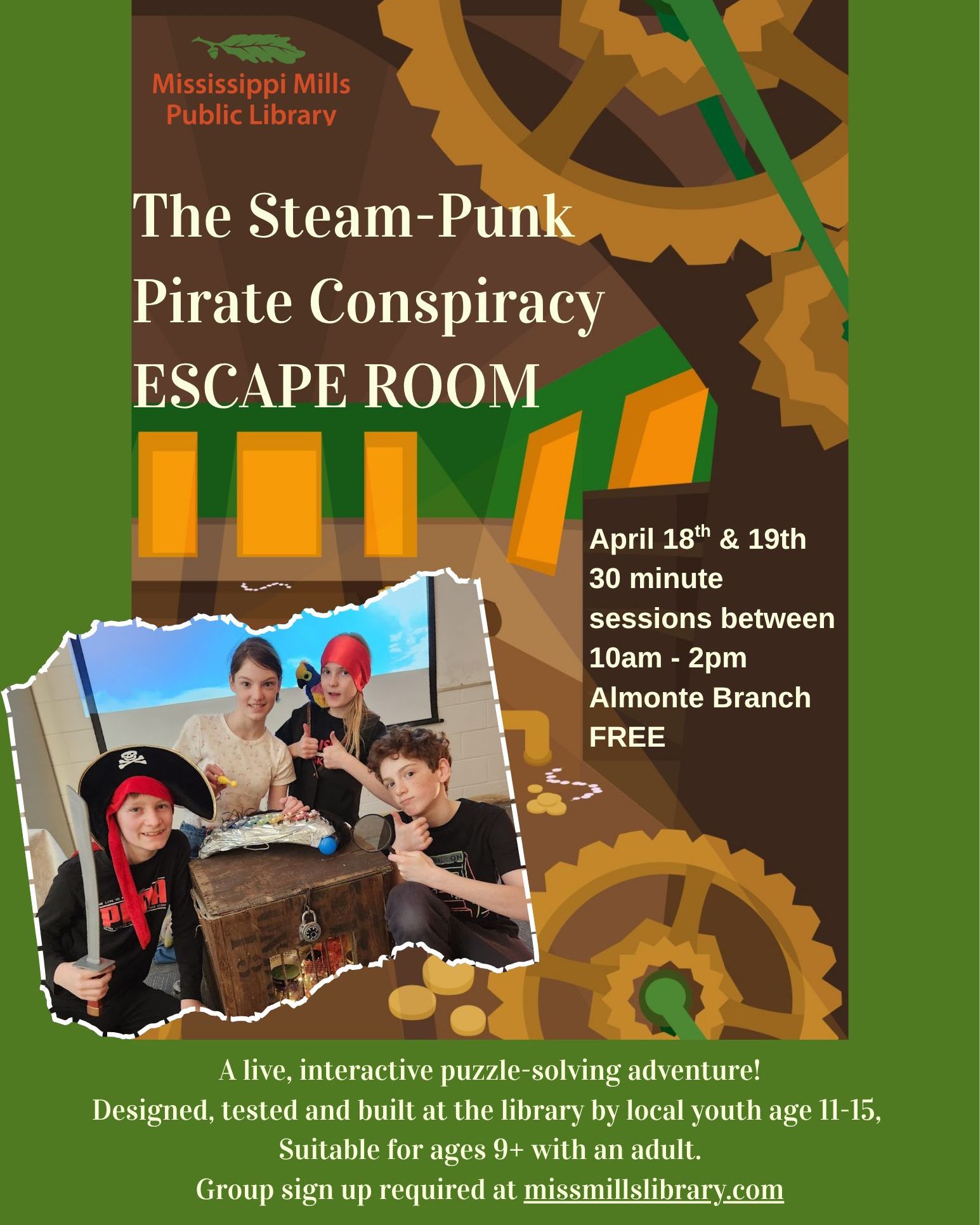 Graphic promoting Mississippi Mills Public Library's Steam Punk Pirate Conspiracy Escape Room