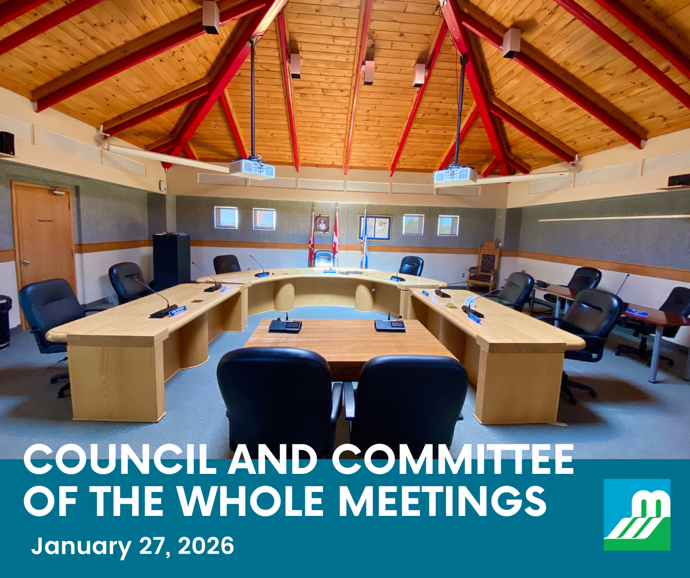Photo of empty Council Chambers with the text 'Council and Committee of the Whole Meetings - January 27, 2026'