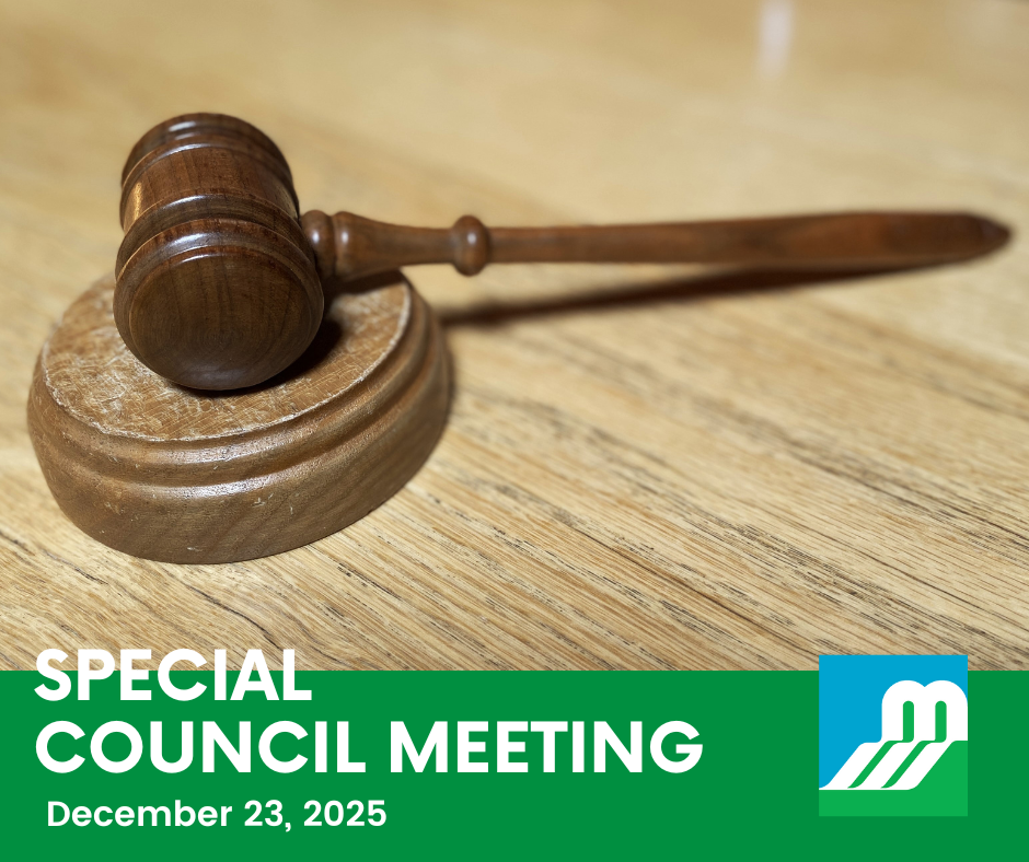 Photo of wooden gavel resting on wooden desk and the text 'Special Council Meeting - December 23, 2025'