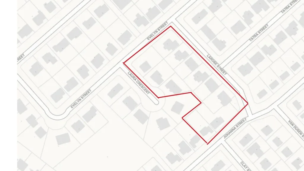 Google map image of a neighbourhood with red area outlined