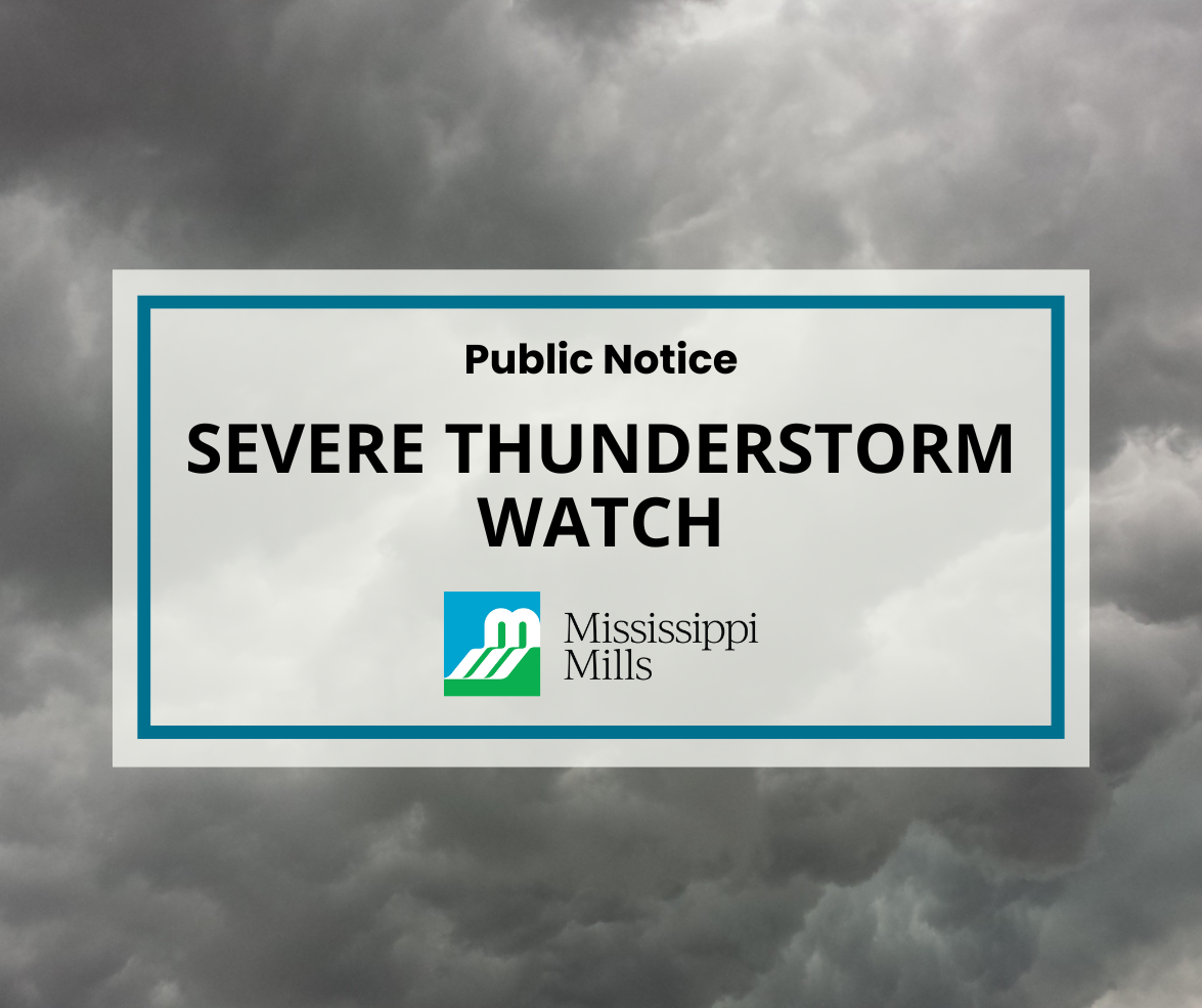 Graphic with photo of grey and stormy sky with the text 'Severe thunderstorm watch'