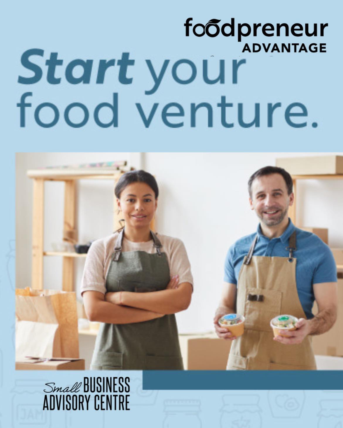 Photo of two people wearing aprons, one with arms crossed and the other holding food items. Text reads 'Start your food venture'