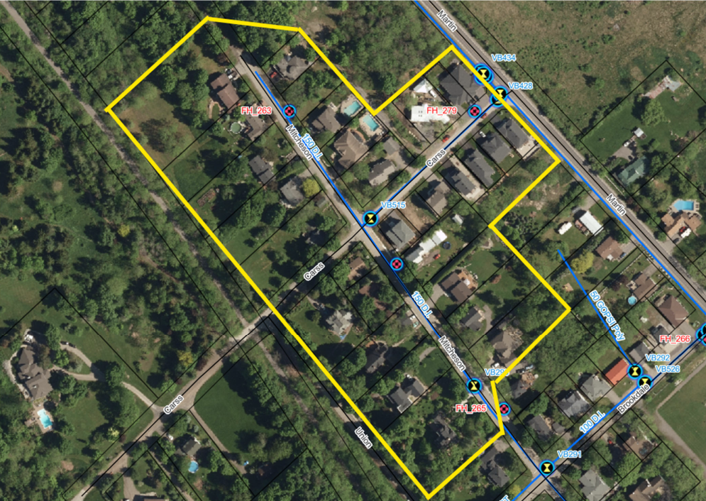 Satellite image of Carss Street area in Almonte with yellow highlighted area