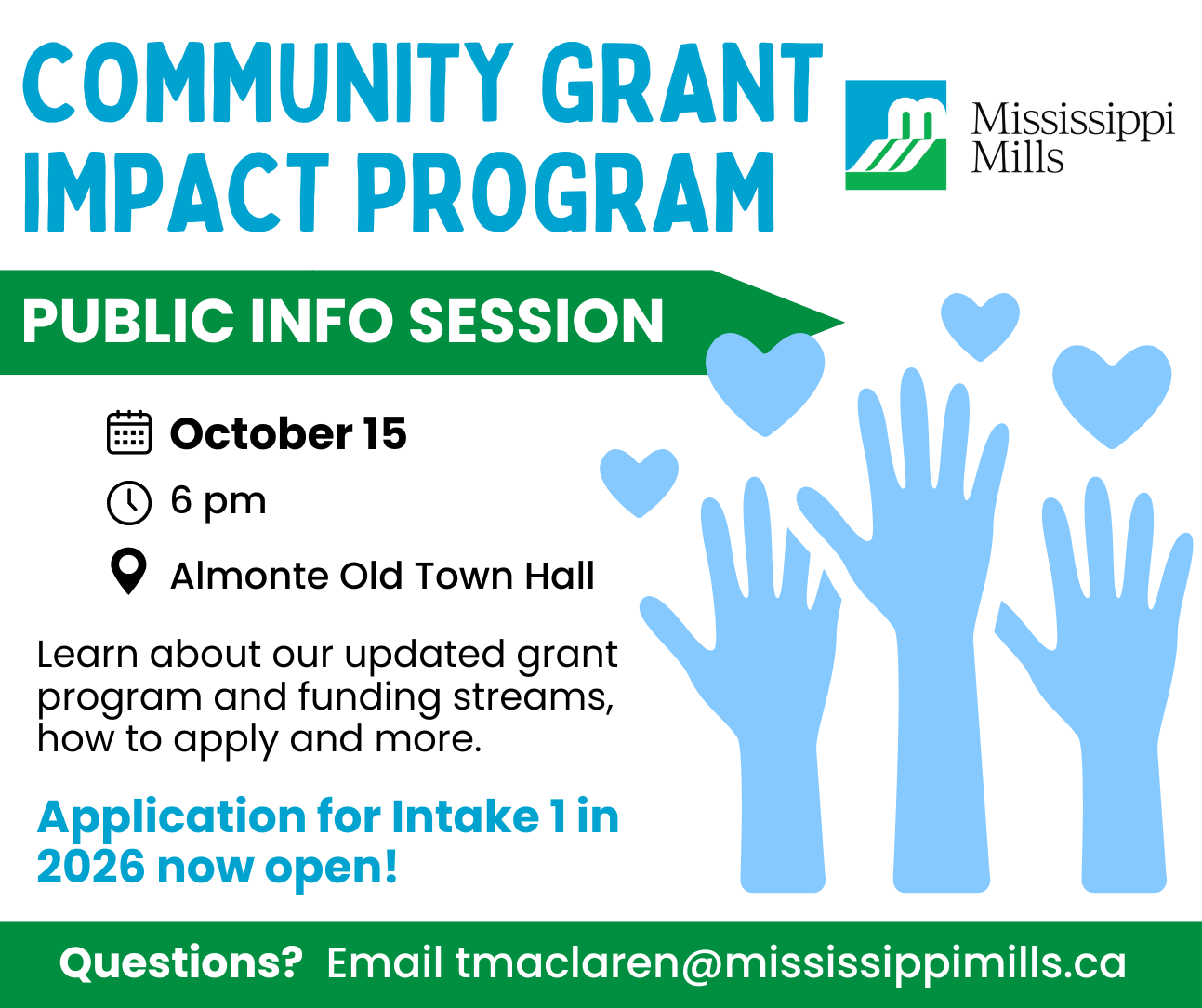 Blue, green and white graphic promoting Community Impact Grant Program Public Info Session October 15, 2025