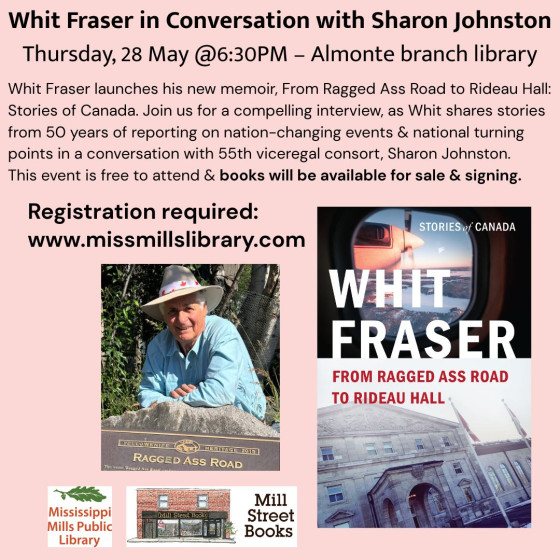 Poster for Whit Fraser in Conversation with Sharon Johnston, an author event on May 28, 2026 at the Almonte Branch of the Mississippi Mills Public Library
