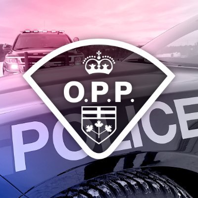 Red, blue and black graphic with Ontario Provincial Police logo