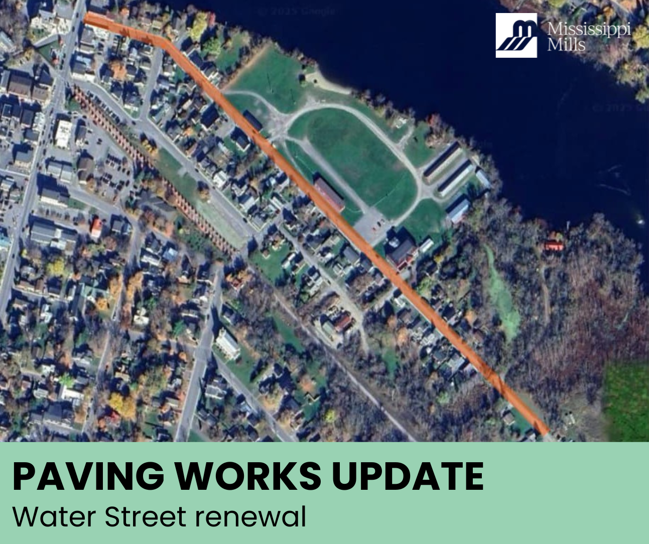 Satellite image of Water Street in Almonte with the text 'Paving Works Update - Water Street renewal'