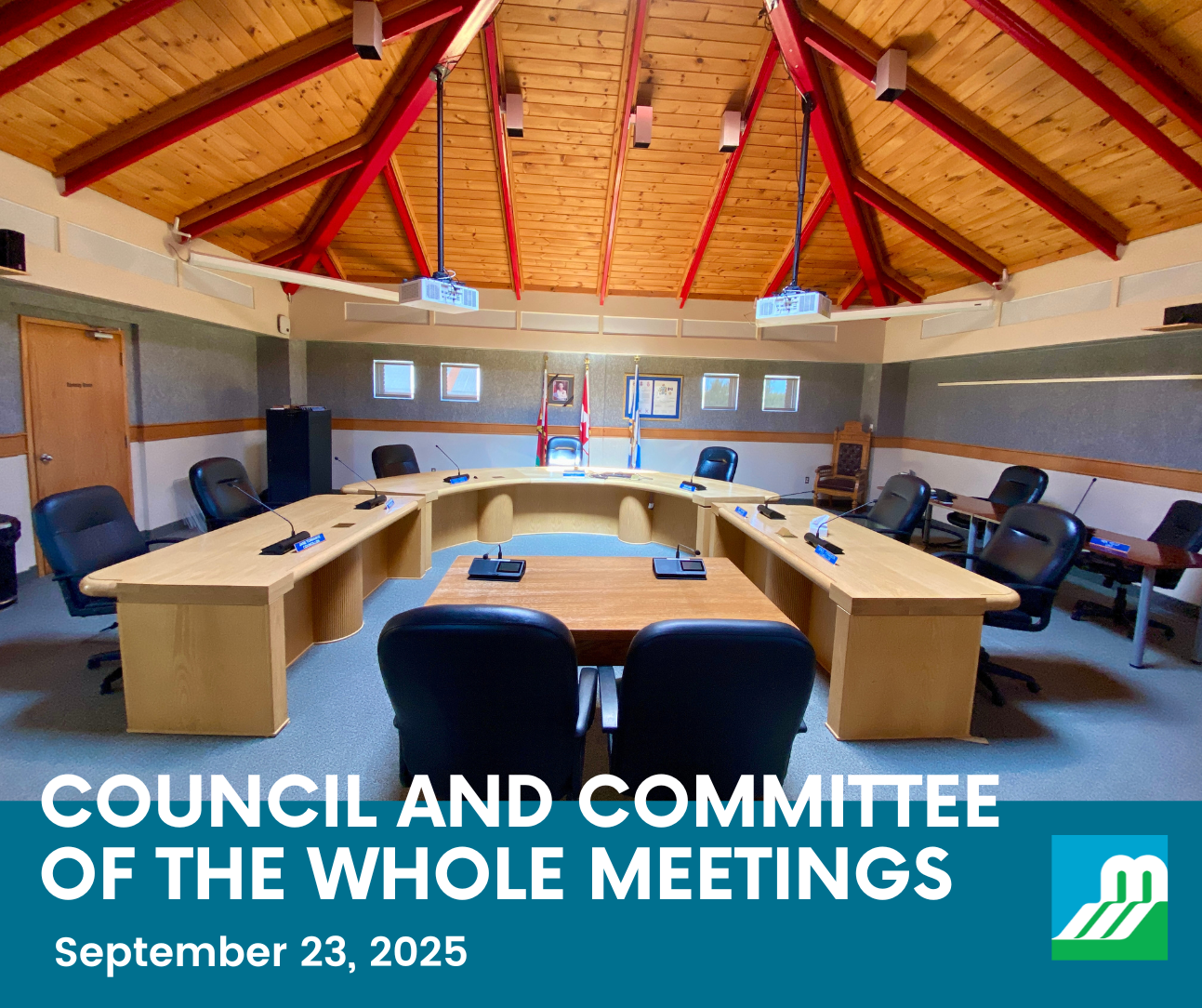 Photo of Council Chambers with the text 'Council and Committee of the Whole Meetings September 23, 2025'