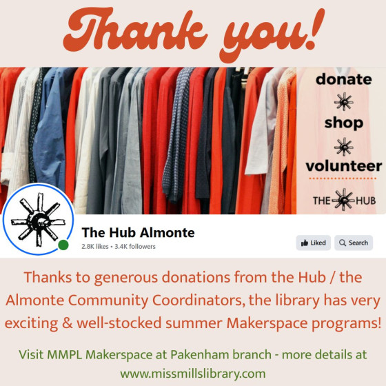 Graphic from Mississippi Mills Public Library thanking Almonte Community Coordinators for donation