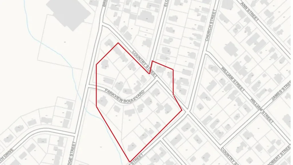 Google map image of a neighbourhood with red area outlined