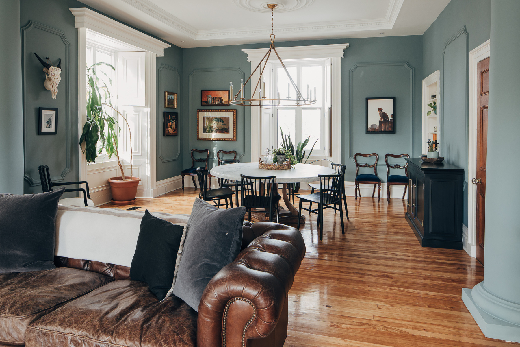 Interior of a living room with blue walls
