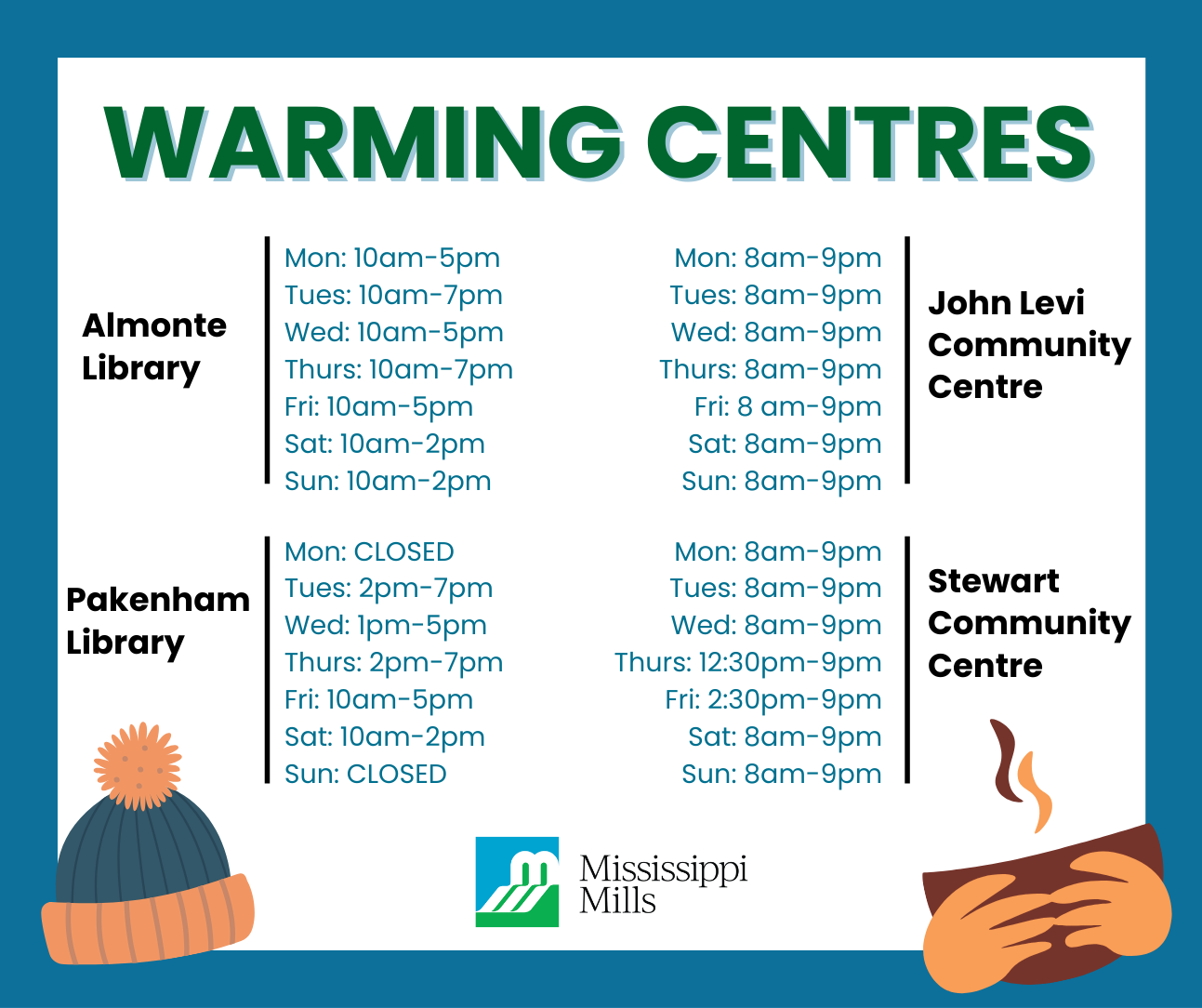 Graphic showing warming centre hours in Mississippi Mills