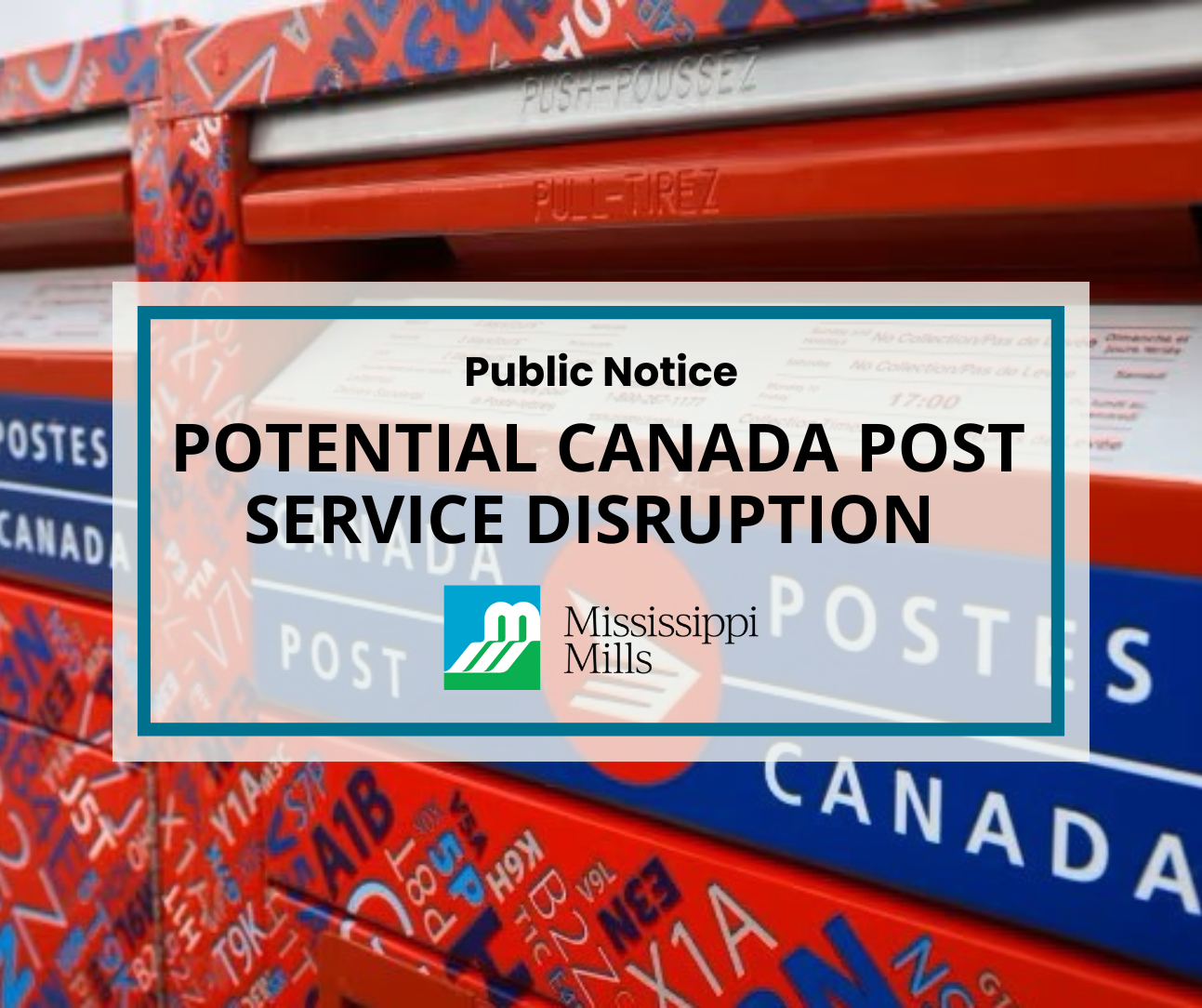 Close-up photo of red and blue mailboxes and the text 'Potential Canada Post Service Disruption'
