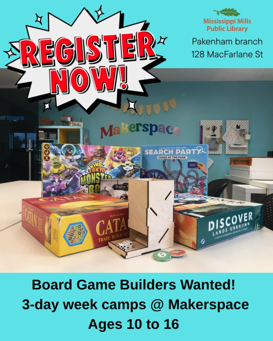Graphic promoting Mississippi Mills Public Library's Makerspace board game creation program
