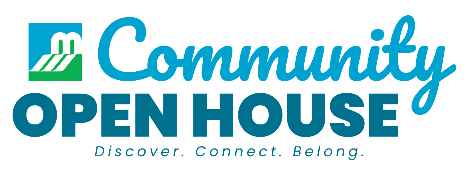 Logo in various shades of blue reading 'MM Community Open House - Discover. Connect. Belong.'
