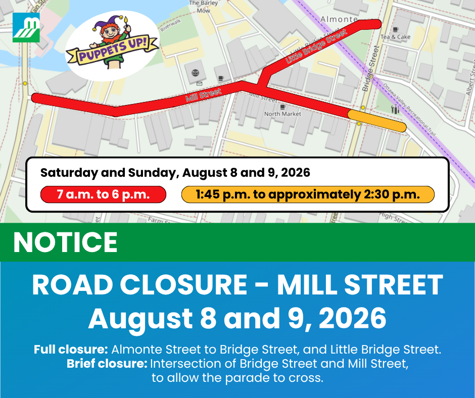 Map of Almonte showing Mill Street in red