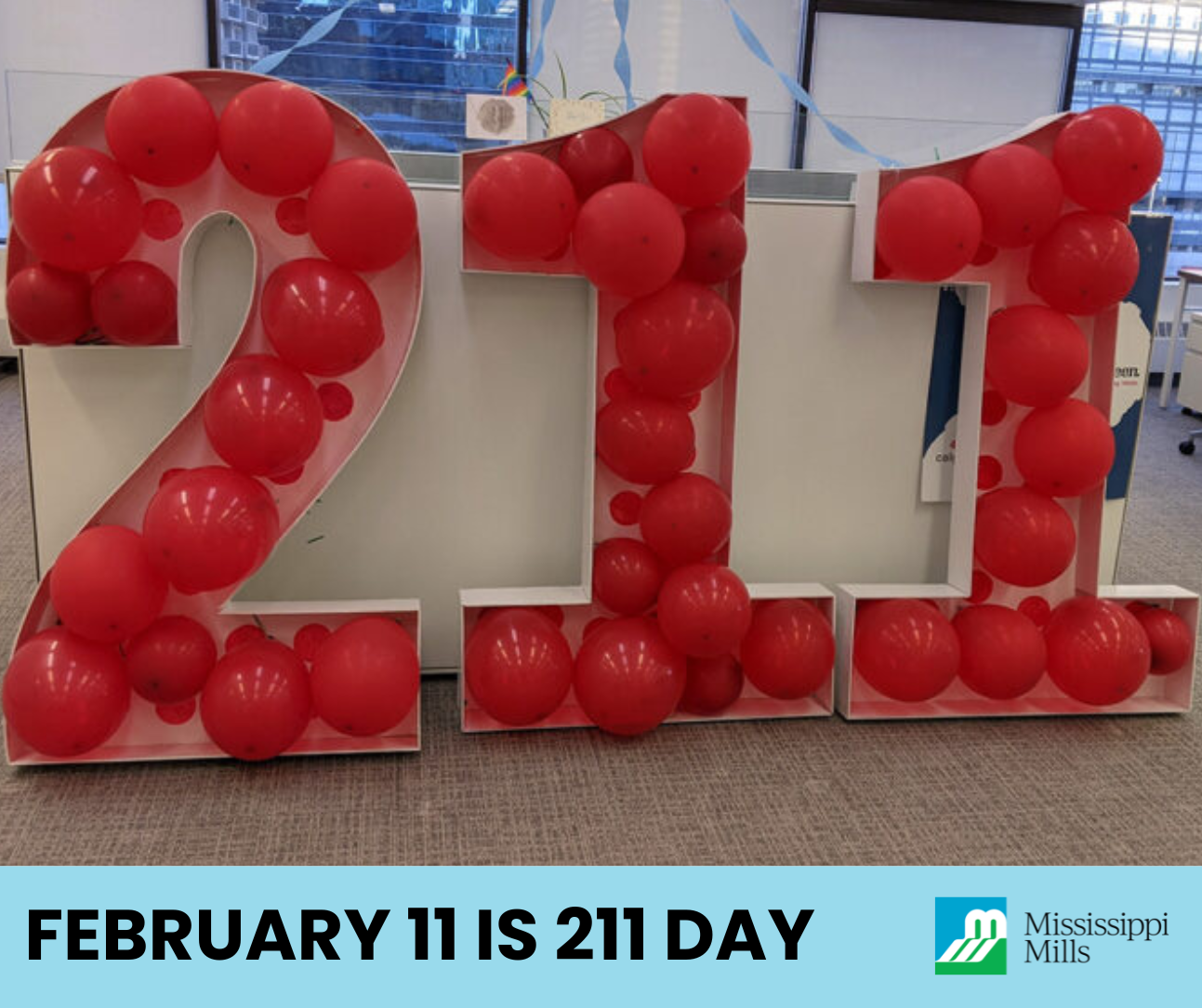 Photo of red balloons displaying the number 211 with the text 'February 11 is 211 Day'