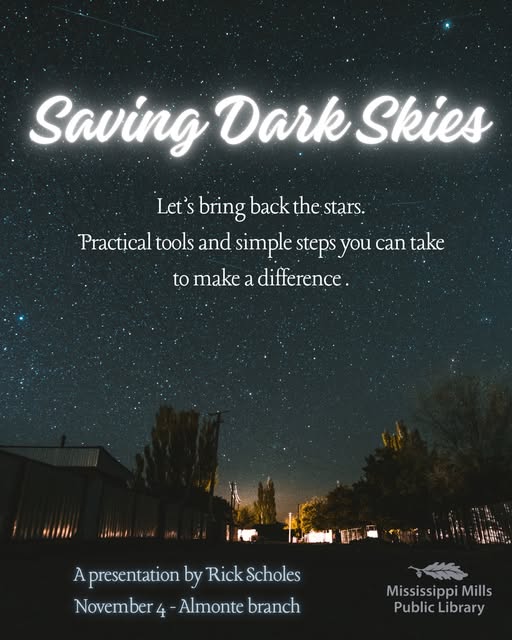 Poster promoting 'Saving Dark Skies' talk at Mississippi Mills Public Library