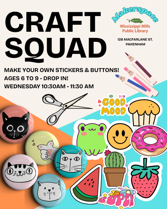 Colourful graphic promoting Mississippi Mills Public Library's Craft Squad