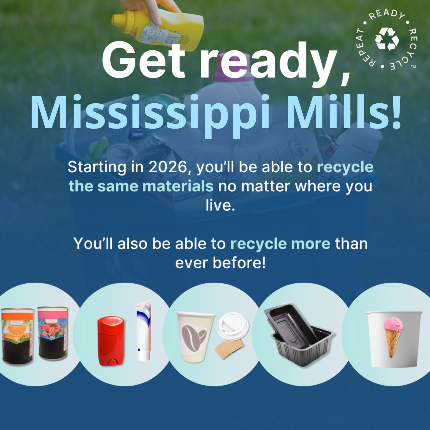 Blue and green graphic promoting 2026 recycling program changes