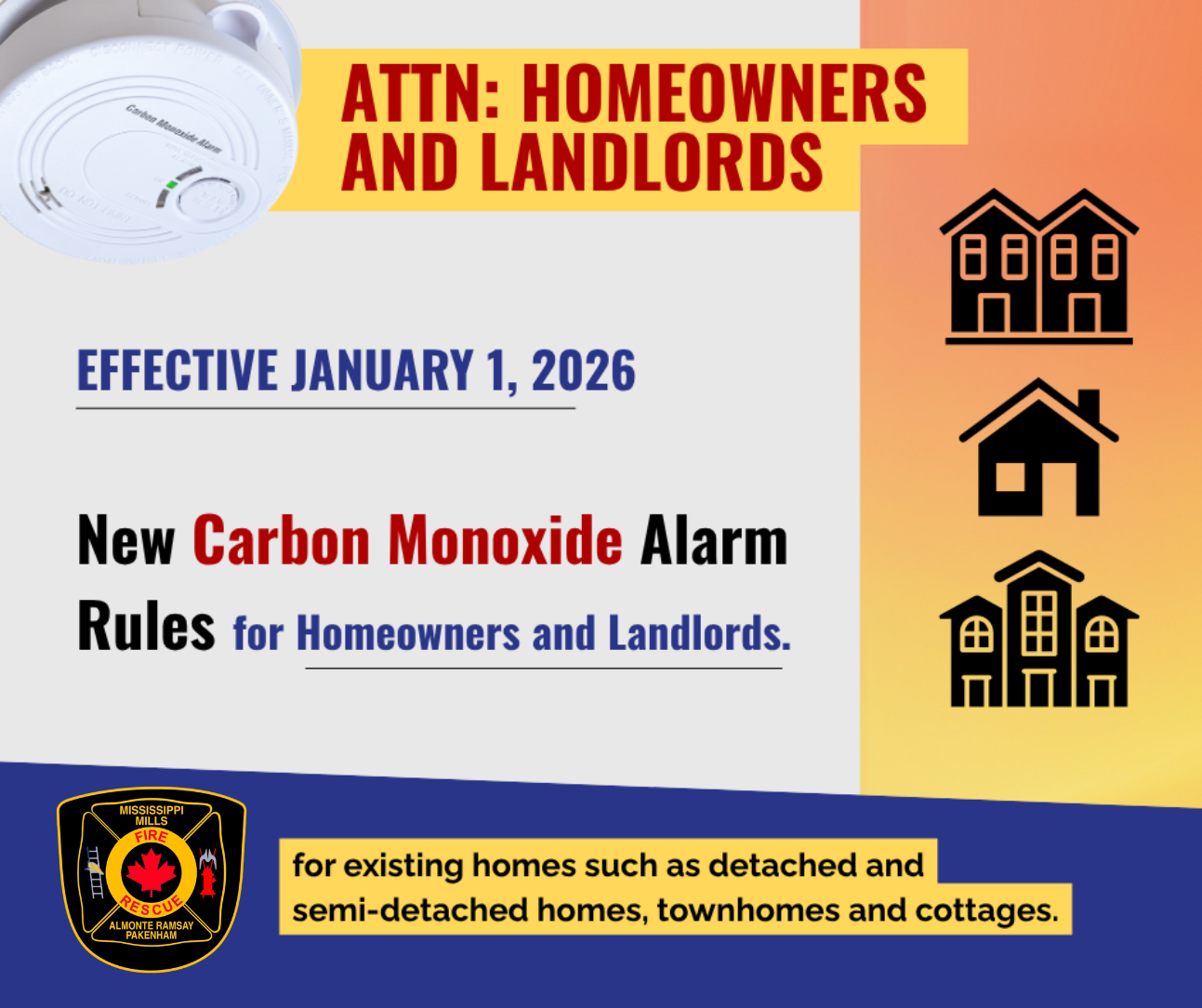 Graphic showing new carbon monoxide rules for homeowners and landlords as of January 1, 2026