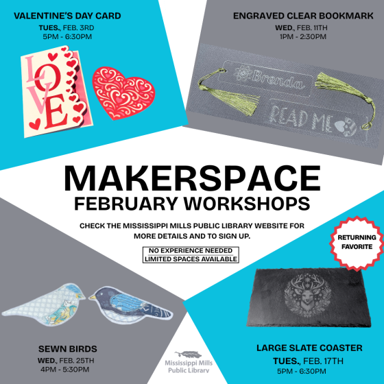 Graphic promoting Mississippi Mills Public Library's February Makerspace workshops