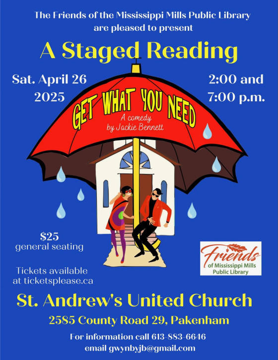Poster advertising Friends of Mississippi Mills Public Library staged reading